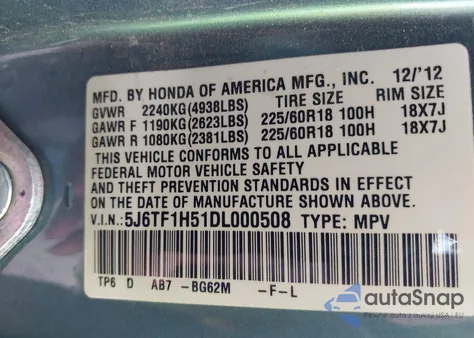 2013 Honda Crosstour Ex-L V6 from USA, damaged, VIN 5J6TF1H51DL000508